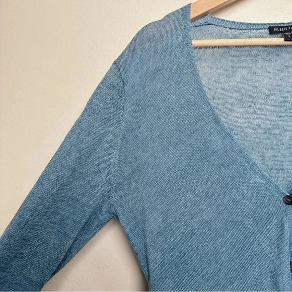 Eileen Fisher Womens Size Small Linen Blue Button Asymmetrical Cardigan - Picture 4 of 13